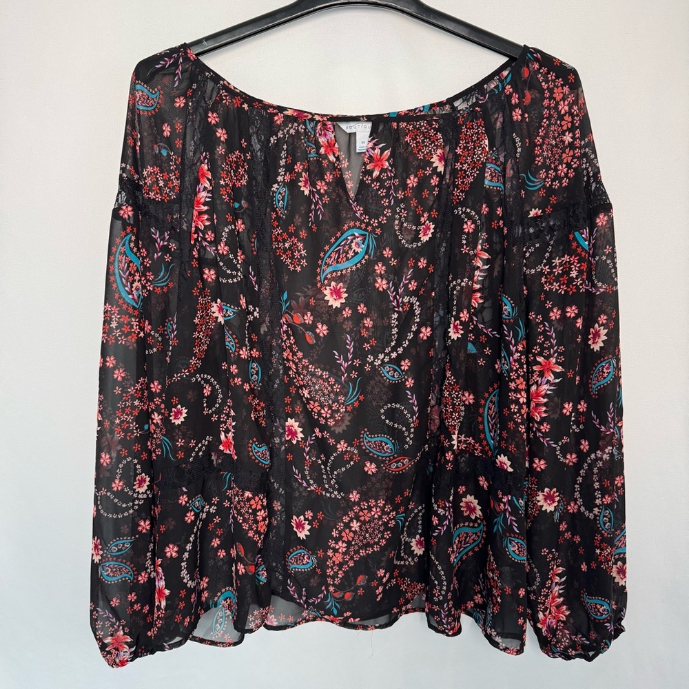 ❤️3/$30 Boutique Plus Size 3X Black Sheer Paisley Floral V-Neck Blouse Boho Chic